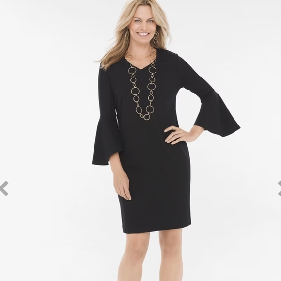 Chico's Ponte Flare Sleeve Black Classic Comfortable Stretchy Minimalist Dress16 - Picture 1 of 8